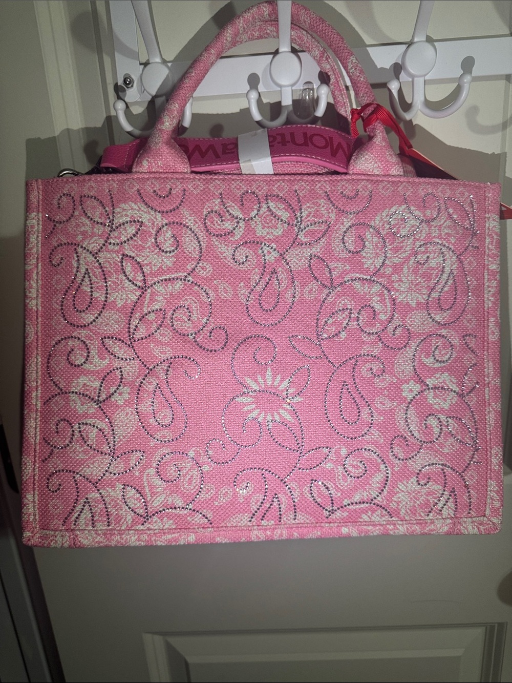 Montana West Pink Floral Sparkle Tote with Detachable Logo Strap